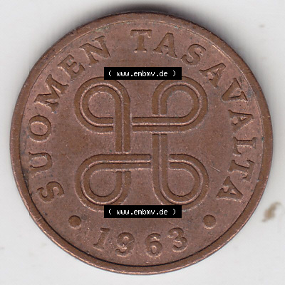 Münzen Finnland / SUOMI Eurovorläufer, Umlaufmünze vor Euroeinführung 1963-1969, 1 Penni. Rückseite einer Münze aus Finnland... Sammlung