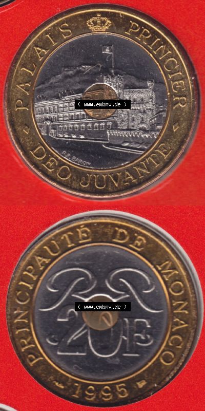 Münzen Monaco / Mu̍negu Eurovorläufer, Umlaufmünze vor Euroeinführung 1992-1997, 20 Francs 1995 (4) Sammlung