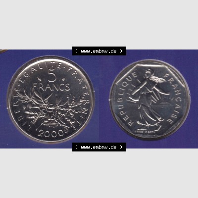 Münzen Frankreich Eurovorläufer, Umlaufmünze vor Euroeinführung 2000, 5 Francs. Vorderseite und Rückseite Nebeneinander einer Münze aus Europa als Digitales... Sammlung