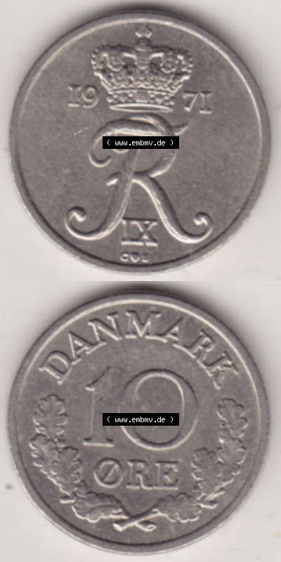 Münzen Dänemark / Danmark Eurovorläufer, Umlaufmünze vor Euroeinführung 1960-1972, 10 Öre 1971 (4) Sammlung