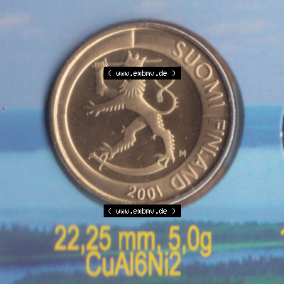 Münzen Finnland / SUOMI Eurovorläufer, Umlaufmünze vor Euroeinführung 2001, 1 Markka, Mark. Rückseite einer Münze aus Finnland... Sammlung