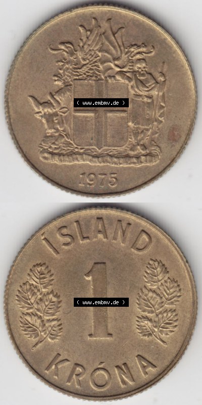 Münzen Island Eurovorläufer, Umlaufmünze vor Euroeinführung 1967-1975, 1 KR Krone 1975 (4) Sammlung
