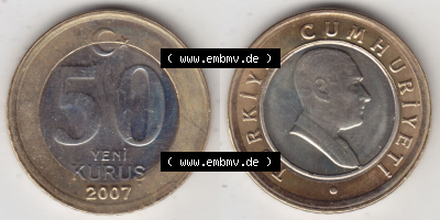Münzen Türkei / Türkiye Eurovorläufer, Umlaufmünze vor Euroeinführung 2005-2008, 50 Yeni Neue Kurus (3) Sammlung