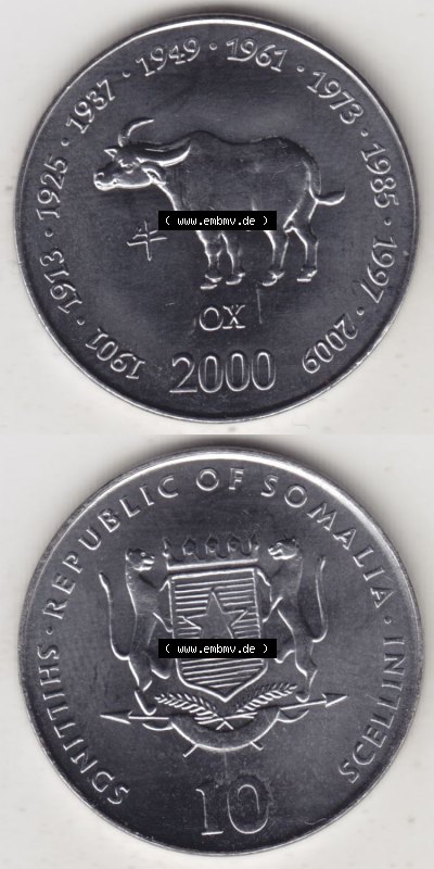 Münzen aus Afrika Somalia, Republik Umlaufmünze 2000-2000, 1 Schilling / Shilling / Scellini Lunar / Chinesische Tierkreiszeichen... Sammlung