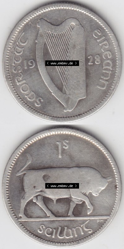 Münzen Irland Eurovorläufer, Silbermünze in Silber aus Umlauf, in Umlauferhaltung vor Euroeinführung 1928-1937, 1 Schilling,... Sammlung