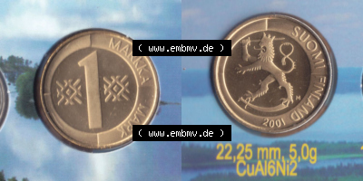 Münzen Finnland / SUOMI Eurovorläufer, Umlaufmünze vor Euroeinführung 2001, 1 Markka, Mark. Rückseite und Vorderseite horizontal... Sammlung