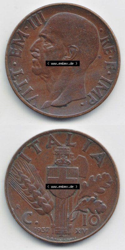 Münzen Italien / Italia Eurovorläufer, Umlaufmünze vor Euroeinführung 1936-1939, 10 Centesimi 1937 (4) Sammlung