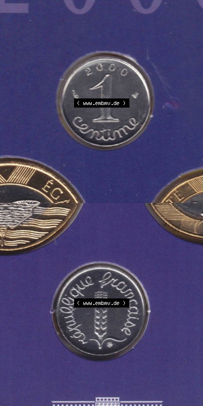 Münzen Frankreich Eurovorläufer, Umlaufmünze vor Euroeinführung 2000, 1 Centime. Vorderseite und Rückseite Vertikal Untereinander,... Sammlung