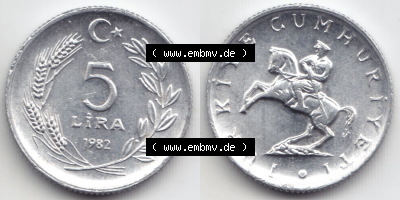 Münzen Türkei / Türkiye Eurovorläufer, Umlaufmünze vor Euroeinführung 1982-1982, 5 Lira (3) Sammlung