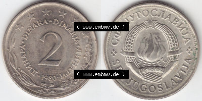 Münzen Jugoslawien (Land wurde 2003 aufgelöst), Umlaufmünze 1971-1981, 2 Dinara, Dinarja 1980 (3) Sammlung