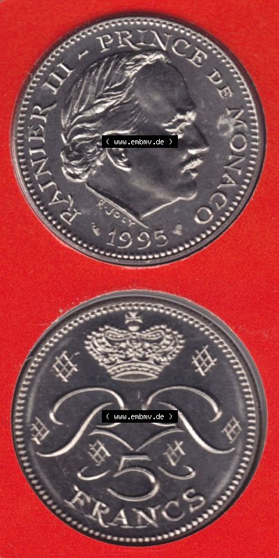 Münzen Monaco / Mu̍negu Eurovorläufer, Umlaufmünze vor Euroeinführung 1971-1995, 5 Francs 1995 (4) Sammlung
