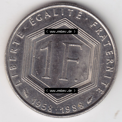 Münzen Frankreich Eurovorläufer, Umlaufmünze vor Euroeinführung 1988-1988, 1 Francs, Franken 1988. Vorderseite einer Münze... Sammlung