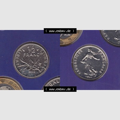 Münzen Frankreich Eurovorläufer, Umlaufmünze vor Euroeinführung 2000, 1/2 Francs. Vorderseite und Rückseite Nebeneinander einer Münze aus Europa als... Sammlung