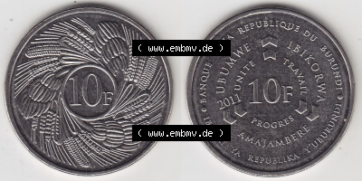 Münzen aus Afrika Burundi Umlaufmünze 2011-2011, 10 France Franken 2011 (3) Sammlung