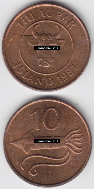 Münzen Island Eurovorläufer, Umlaufmünze vor Euroeinführung 1981-1981, 10 Tiu Aurar 1981 (4) Sammlung
