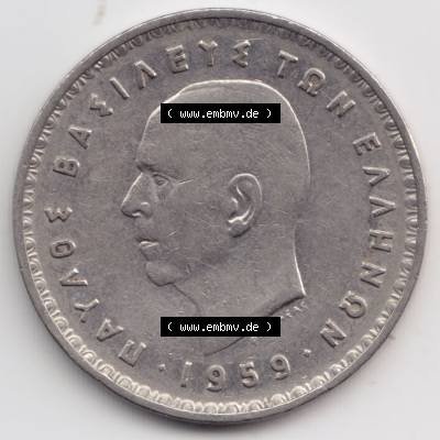 Münzen Griechenland Eurovorläufer, Umlaufmünze vor Euroeinführung 1959, 10 Apaxmai Drachmen. Rückseite einer Münze aus Griechenland... Sammlung