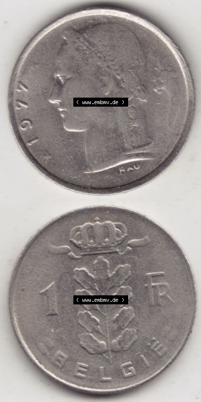 Münzen Belgien Eurovorläufer, Umlaufmünze vor Euroeinführung 1950-1988, 1 Francs-Franken 1977 Belgie (4) Sammlung
