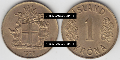 Münzen Island Eurovorläufer, Umlaufmünze vor Euroeinführung 1967-1975, 1 KR Krone 1975 (3) Sammlung