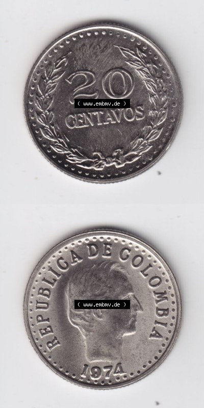 Münzen aus Amerika Kolumbien / Columbia Umlaufmünze 1974, 20 Centavos (4) Sammlung