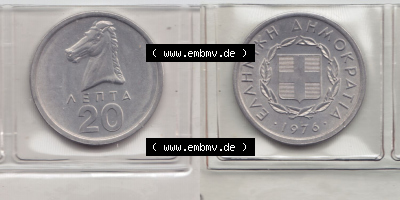 Münzen Griechenland Eurovorläufer, Umlaufmünze vor Euroeinführung 1976 , 20 Lepta. VS+RS auf einen Bild/Foto einer Münze... Sammlung