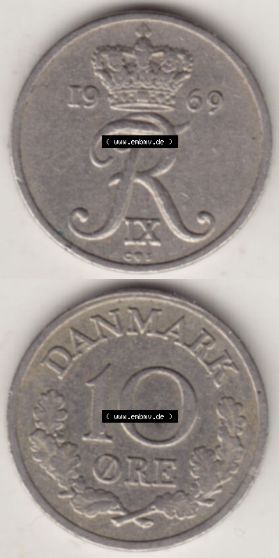 Münzen Dänemark / Danmark Eurovorläufer, Umlaufmünze vor Euroeinführung 1960-1972, 10 Öre 1969 (4) Sammlung