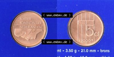 Münzen Niederlande / Netherlands Eurovorläufer, Umlaufmünze vor Euroeinführung 1982-2000, 5 Cent 2000 (3) Sammlung