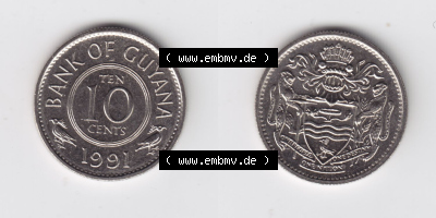 Münzen aus Amerika Guyana Umlaufmünze 1967-1992, 10 Ten Cents 1991 (3) Sammlung