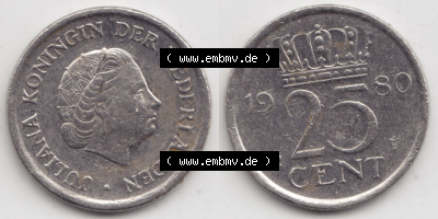 Münzen Niederlande / Netherlands Eurovorläufer, Umlaufmünze vor Euroeinführung 1950-1980, 25 Cent 1980 (3) Sammlung