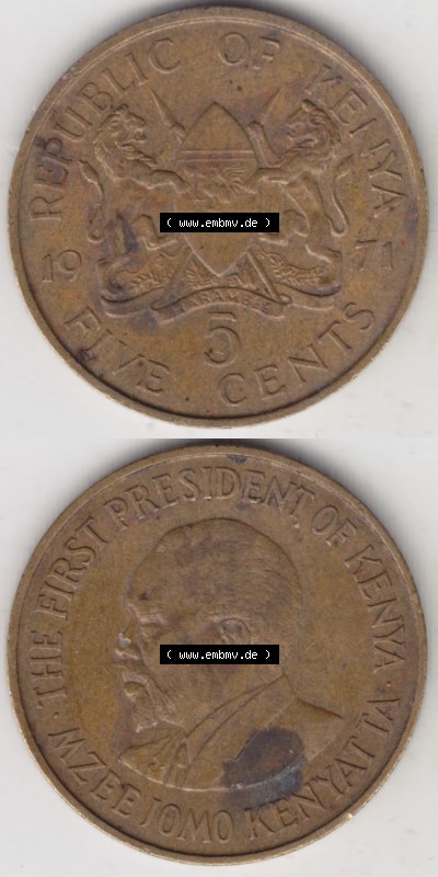 Münzen aus Afrika Kenia / Kenya Umlaufmünze 1969-1978, 5 Cent des Schillings 1971 (4) Sammlung