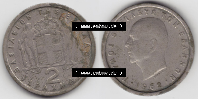 Münzen Griechenland Eurovorläufer, Umlaufmünze vor Euroeinführung 1962, 2 Apaxmai, Drachmen. VS+RS auf einen Bild/Foto einer... Sammlung