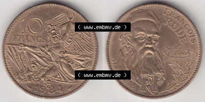 Münzen Frankreich Eurovorläufer, Umlaufmünze vor Euroeinführung 1984-1984, 10 Francs Francois Rude. Vorderseite und Rückseite... Sammlung