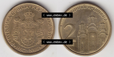 Münzen Serbien Eurovorläufer, Umlaufmünze vor Euroeinführung 2006-2009, 2 Dinar 2006 (3) Sammlung