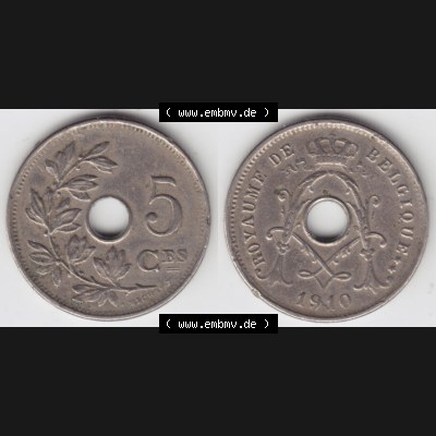 Münzen Belgien Eurovorläufer, Umlaufmünze vor Euroeinführung 1910-1932, 5 Ces, Centimes Koninkrijk Belgie (3) Sammlung