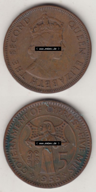 Münzen Zypern / Cyprus Eurovorläufer, Umlaufmünze vor Euroeinführung 1955-1956, 5 Mils 1955 (4) Sammlung