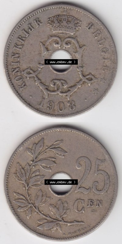 Münzen Belgien Eurovorläufer, Umlaufmünze vor Euroeinführung 1908-1909, 25 Cen, Centimes Koninkrijk Belgie (4) Sammlung