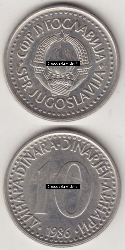Münzen Jugoslawien (Land wurde 2003 aufgelöst), Umlaufmünze 1982-1988, 10 Dinar 1986 (4) Sammlung