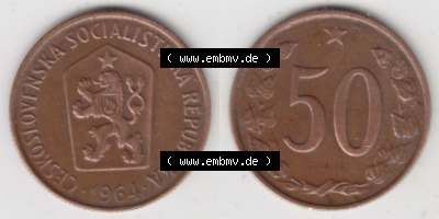Münzen Tschechoslowakei (Land wurde 1992 aufgelöst), Umlaufmünze 1963-1971, 50 h, Heller, Haleru 1964 (3) Sammlung