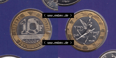Münzen Frankreich Eurovorläufer, Umlaufmünze vor Euroeinführung 2000, 10 Francs. Vorderseite und Rückseite Nebeneinander... Sammlung