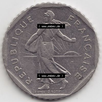 Münzen Frankreich Eurovorläufer, Umlaufmünze vor Euroeinführung 1979-2001, 2 Francs Säerin Semeuse. Rückseite einer Münze aus Europa als Digitales... Sammlung