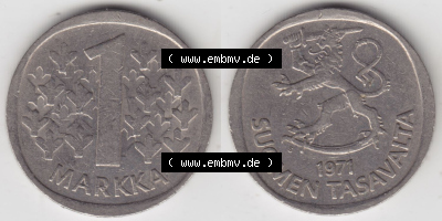 Münzen Finnland / SUOMI Eurovorläufer, Umlaufmünze vor Euroeinführung 1969-1993, 1 Markka 1971. Rückseite und Vorderseite... Sammlung