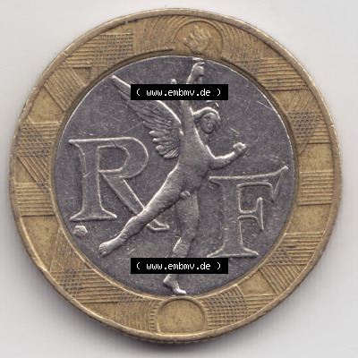 Münzen Frankreich Eurovorläufer, Umlaufmünze vor Euroeinführung 1991, 10 Francs. Rückseite einer Münze aus Europa als Digitales... Sammlung