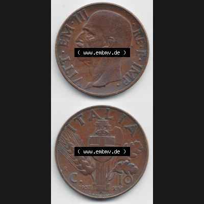 Münzen Italien / Italia Eurovorläufer, Umlaufmünze vor Euroeinführung 1936-1939, 10 Centesimi 1937 (4) Sammlung