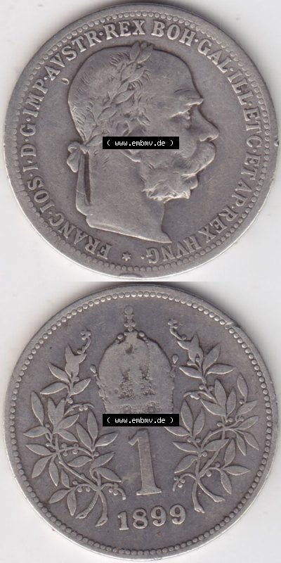 Münzen Österreich / Austria Eurovorläufer, Umlaufmünze vor Euroeinführung 1892-1907, 1 Krone Franz Joseph I. 1899 (4) Sammlung