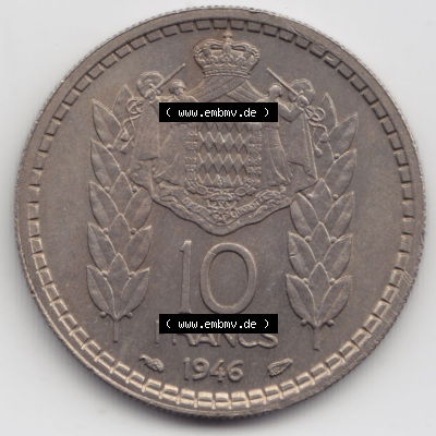 Münzen Monaco / Mu̍negu Eurovorläufer, Umlaufmünze vor Euroeinführung 1946-1946, 10 Fr, Francs, Franken, Louis II Prince... Sammlung