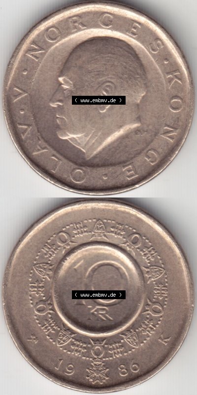 Münzen Norwegen / Norway Eurovorläufer, Umlaufmünze vor Euroeinführung 1983-1991, 10 Kronen 1986 (4) Sammlung