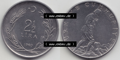 Münzen Türkei / Türkiye Eurovorläufer, Umlaufmünze vor Euroeinführung 1960-1968, 2.50 Lira (3) Sammlung