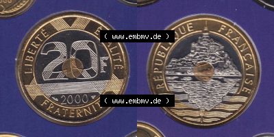 Münzen Frankreich Eurovorläufer, Umlaufmünze vor Euroeinführung 2000, 20 Francs. Vorderseite und Rückseite Nebeneinander... Sammlung