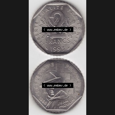 Münzen Frankreich Eurovorläufer, Umlaufmünze vor Euroeinführung 1993-1993, 2 Francs Jean Moulin. Vorderseite und Rückseite Vertikal Untereinander, passend... Sammlung