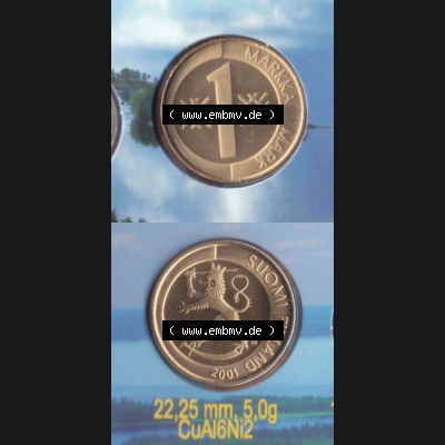 Münzen Finnland / SUOMI Eurovorläufer, Umlaufmünze vor Euroeinführung 2001, 1 Markka, Mark. Rückseite und Vorderseite vertikal untereinander für... Sammlung