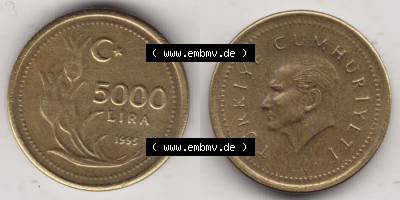 Münzen Türkei / Türkiye Eurovorläufer, Umlaufmünze vor Euroeinführung 1995-1998, 5000 Lira - Lire (3) Sammlung